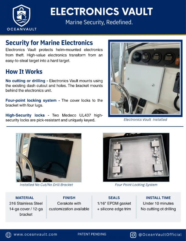 Electronics Vault product info sheet with installation details, locking system, materials and product photos
